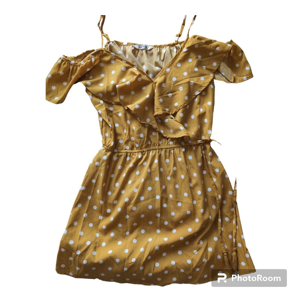 Hint of Blush Yellow Polka Dot Dress M Off the Shoulder Flutter Sleeves